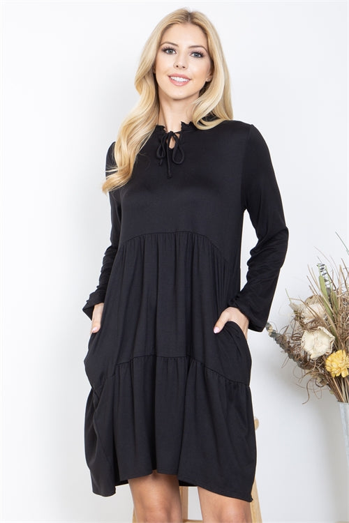 Fold Frill Ribbon Neckline Long Sleeve Solid Dress