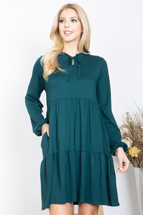 Fold Frill Ribbon Neckline Long Sleeve Solid Dress
