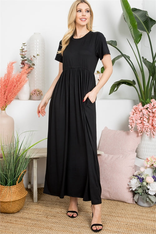 Solid Round Neckline Short Sleeve Maxi Dress