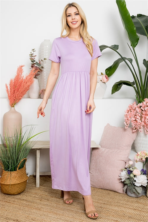 Solid Round Neckline Short Sleeve Maxi Dress