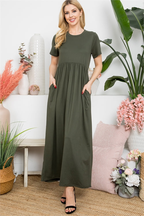 Solid Round Neckline Short Sleeve Maxi Dress