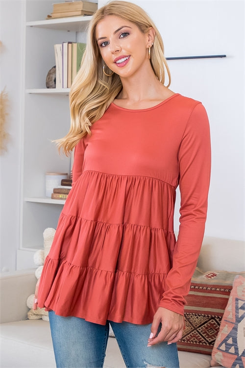 Solid Long Sleeve Tiered Top 2 - Riah Fashion