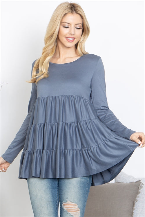 Solid Long Sleeve Tiered Top 2 - Riah Fashion