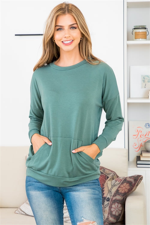 Solid French Terry Long Sleeve Top With Kangaroo Pocket 2