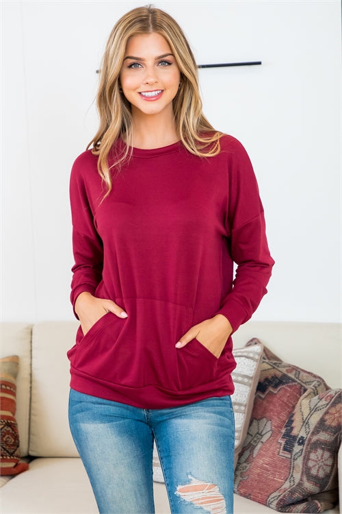 Solid French Terry Long Sleeve Top With Kangaroo Pocket 2
