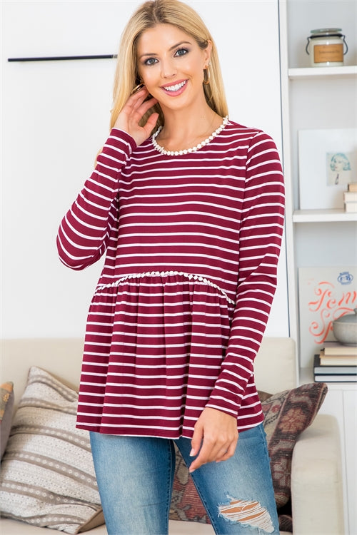 Pompom Detail Long Sleeve Stripes Top