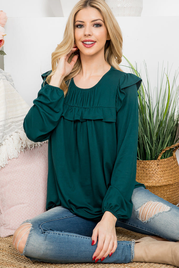Solid Wide Ruffle Sleeved Top