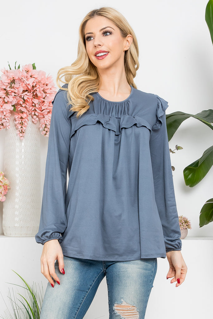 Solid Wide Ruffle Sleeved Top
