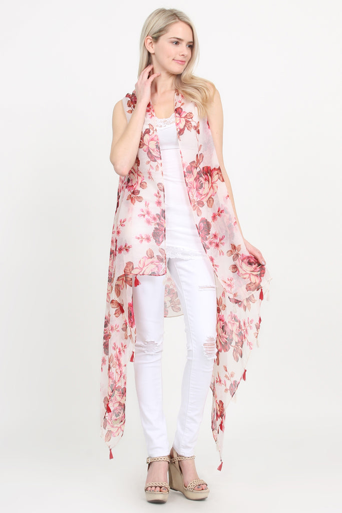 Tassel Floral Print Vest Cardigan