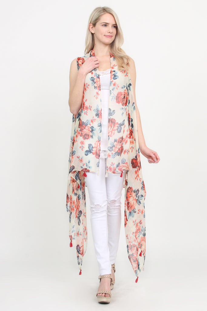 Tassel Floral Print Vest Cardigan