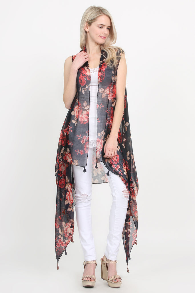 Tassel Floral Print Vest Cardigan