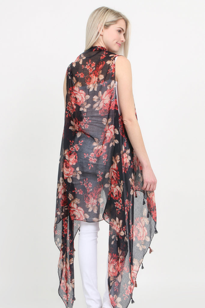 Tassel Floral Print Vest Cardigan