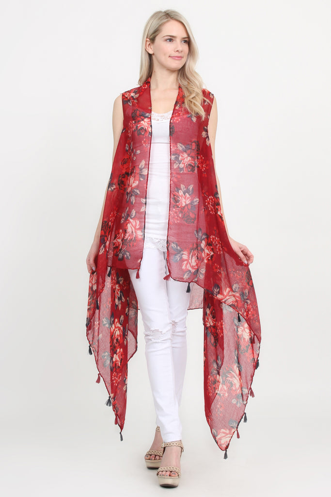 Tassel Floral Print Vest Cardigan
