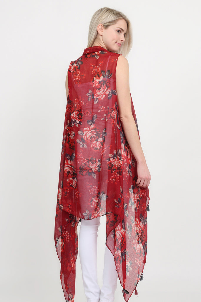 Tassel Floral Print Vest Cardigan