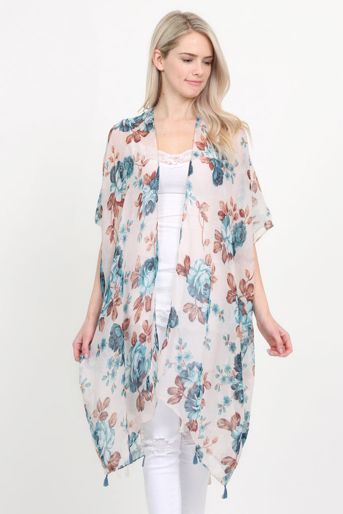 Open Front Knee Length Floral Cardigan