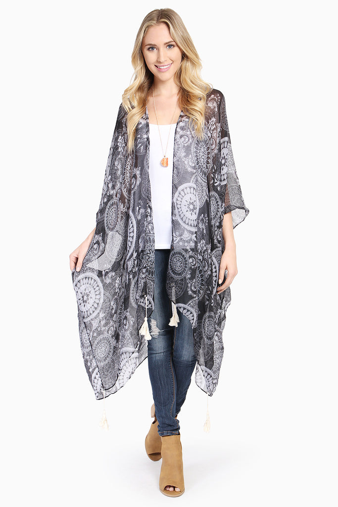 FLORAL PRINT POM-POM TASSEL SHEER CARDIGAN