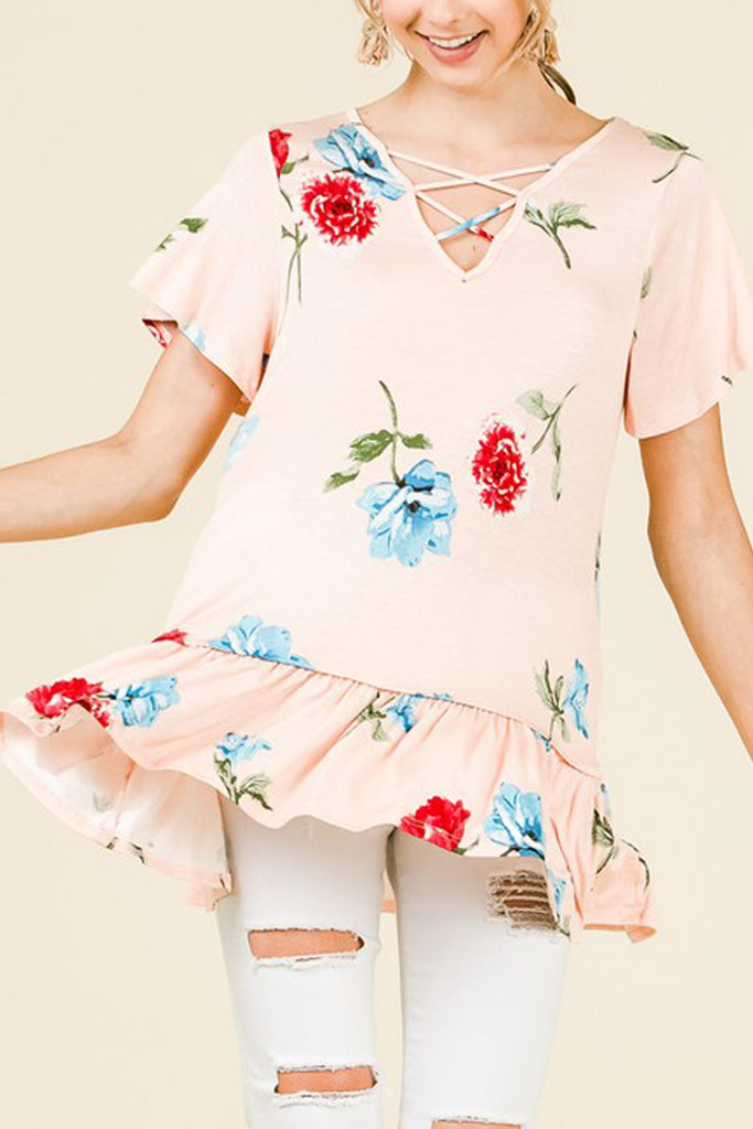 Short Sleeve V-Neck Floral Print Top - Riah Fashion