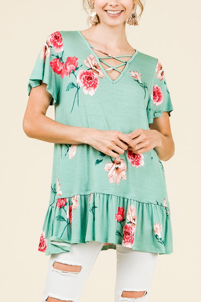 Short Sleeve V-Neck Floral Print Top - Riah Fashion