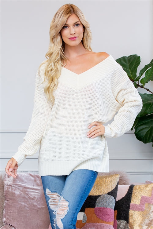 Oversized V-Neck Waffle Sweater