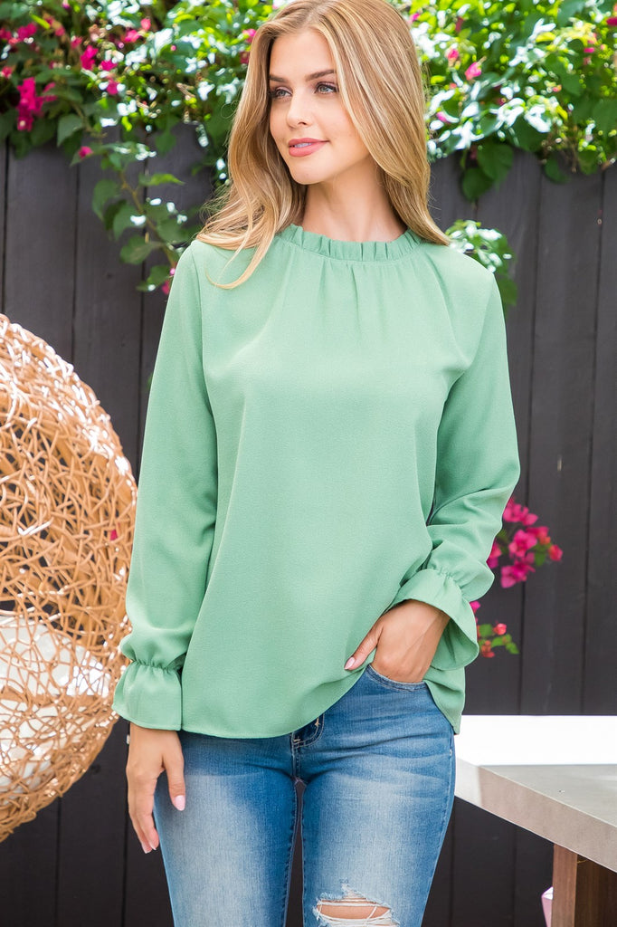 Fold Frill Neckline Long Sleeve Top