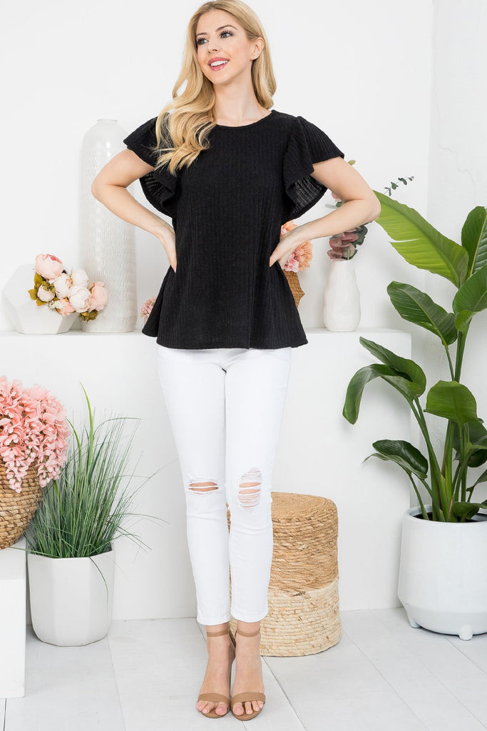 Ruffle Short Sleeve Glitter Textured Top