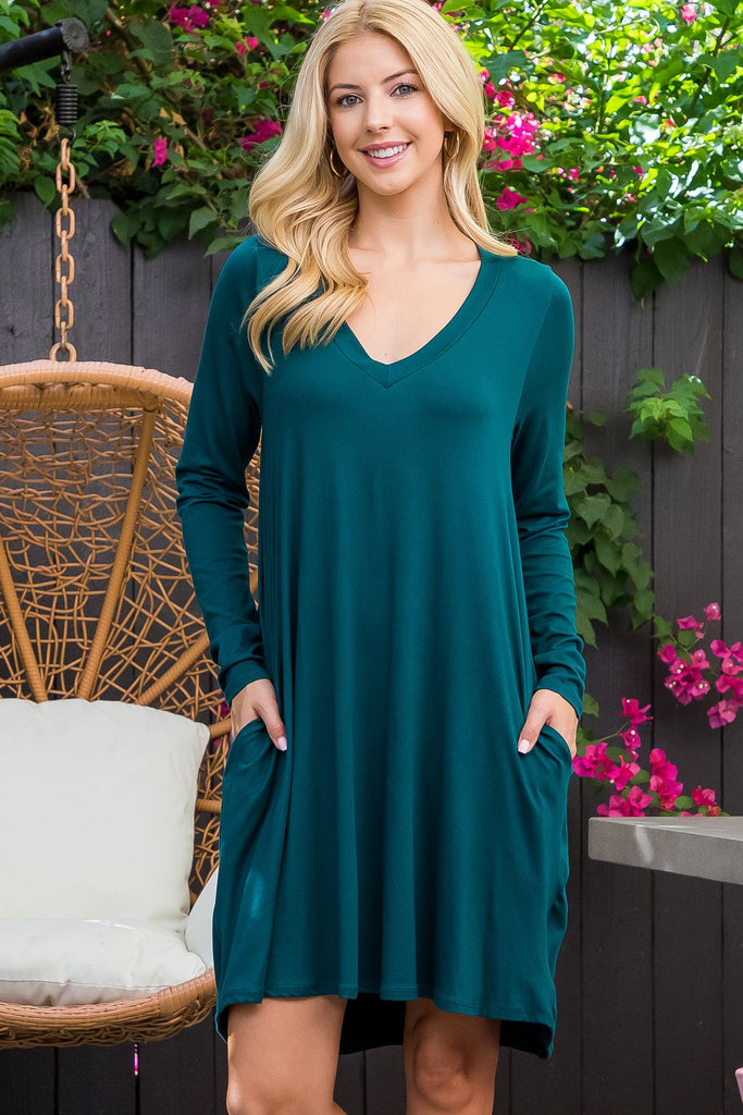 Solid V-Neck Long Sleeve Tunic Dress