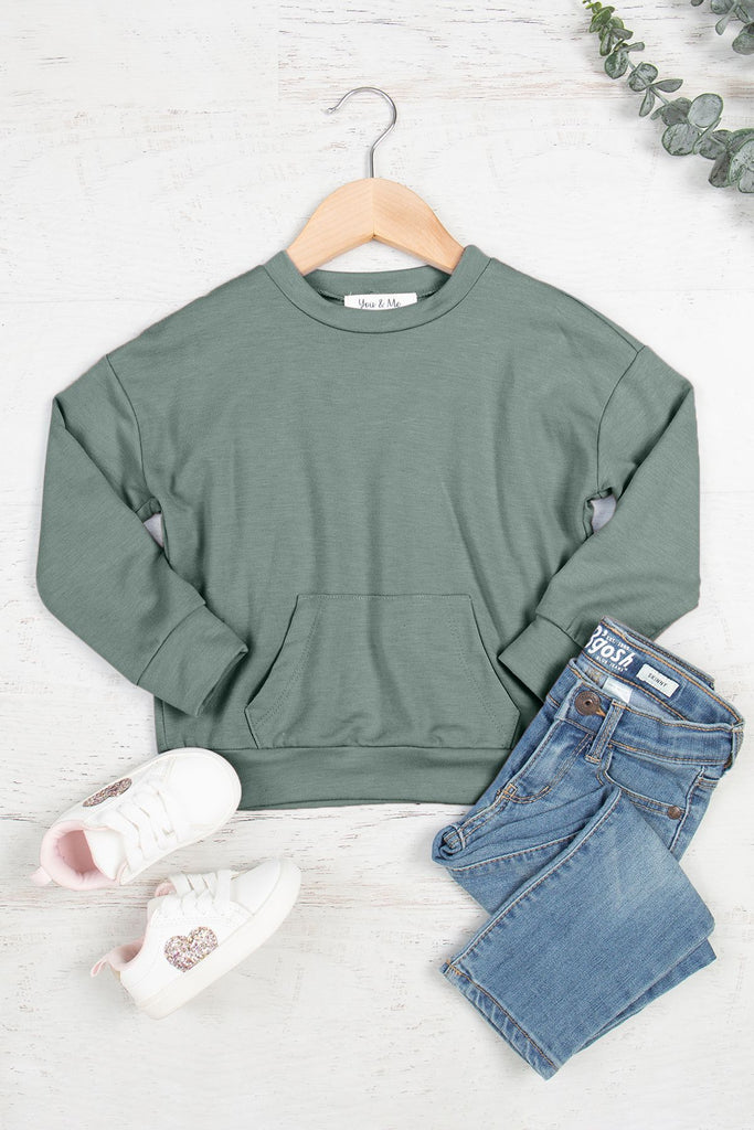 Kids Solid French Terry Long Sleeve Top With Kangaroo Pocket