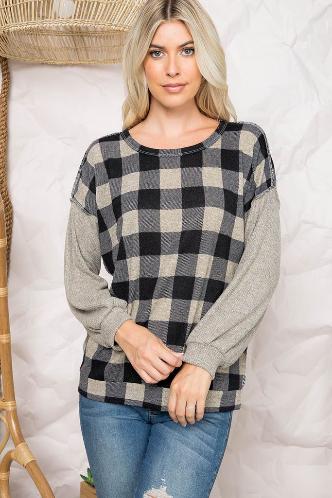Overlock Stitch Plaid Long Sleeve