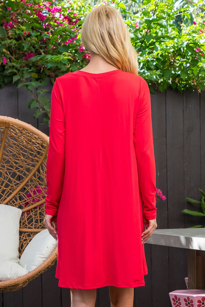 Solid V-Neck Long Sleeve Tunic Dress