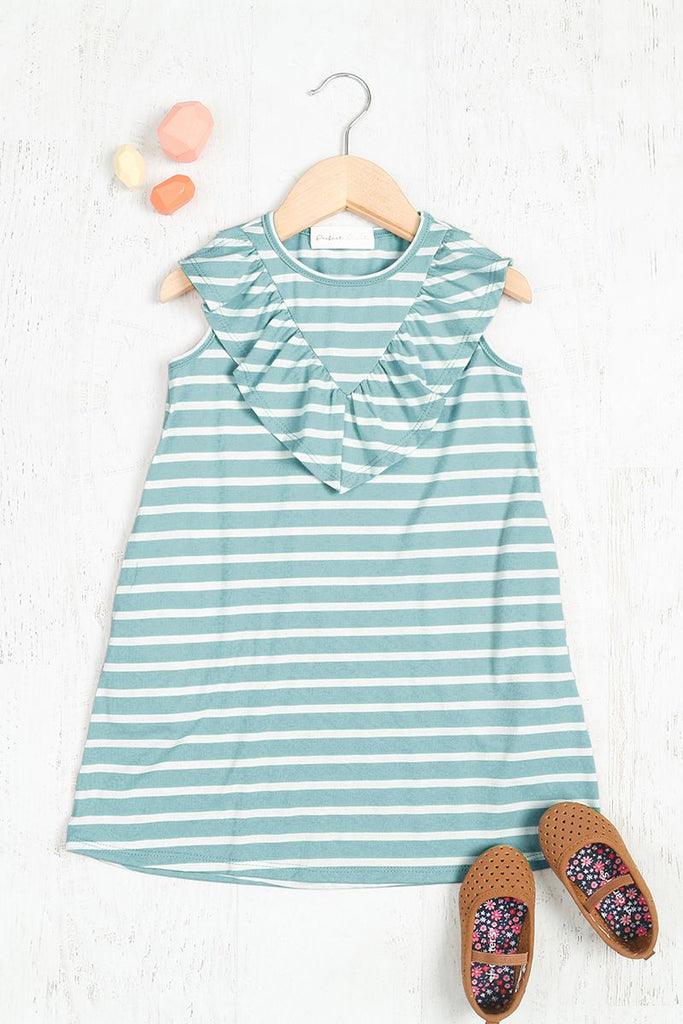 Kids V-Shape Ruffle Detail Stripes Sleeveless Dress