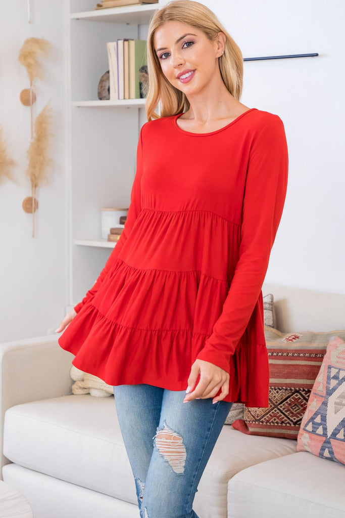 Solid Long Sleeve Tiered Top 2 - Riah Fashion