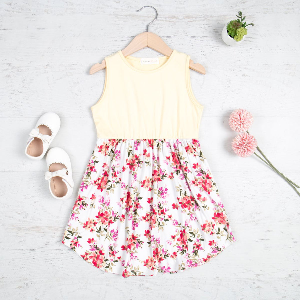 Kids Solid Tank Top Floral Skirt Above Knee Dress