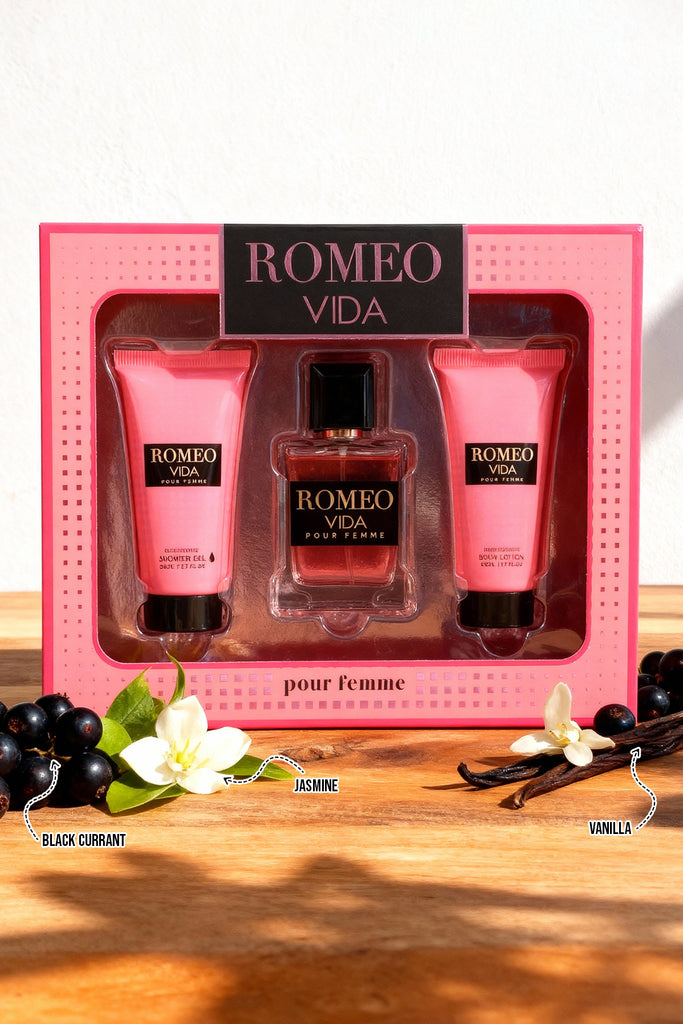 ROMEO VIDA  SHOWER GEL, SPRAY PERFUME EAU DE PARFUM, BODY LOTION FOR WOMEN 50ML/1.7FL.OZ /GIFT SET
