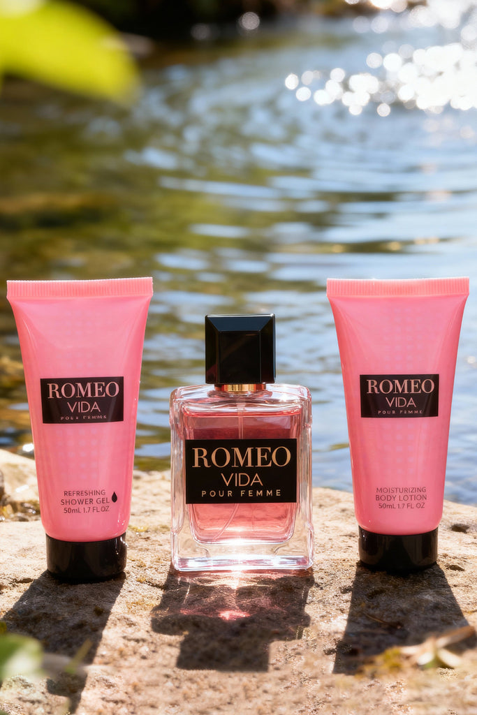 ROMEO VIDA  SHOWER GEL, SPRAY PERFUME EAU DE PARFUM, BODY LOTION FOR WOMEN 50ML/1.7FL.OZ /GIFT SET