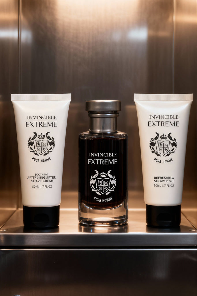 INVINCIBLE EXTREME AFTER SHAVE CREAM, SPRAY PERFUME EAU DE TOILETTE, SHOWER GEL FOR MEN 50ML/1.7FL.OZ /GIFT SET