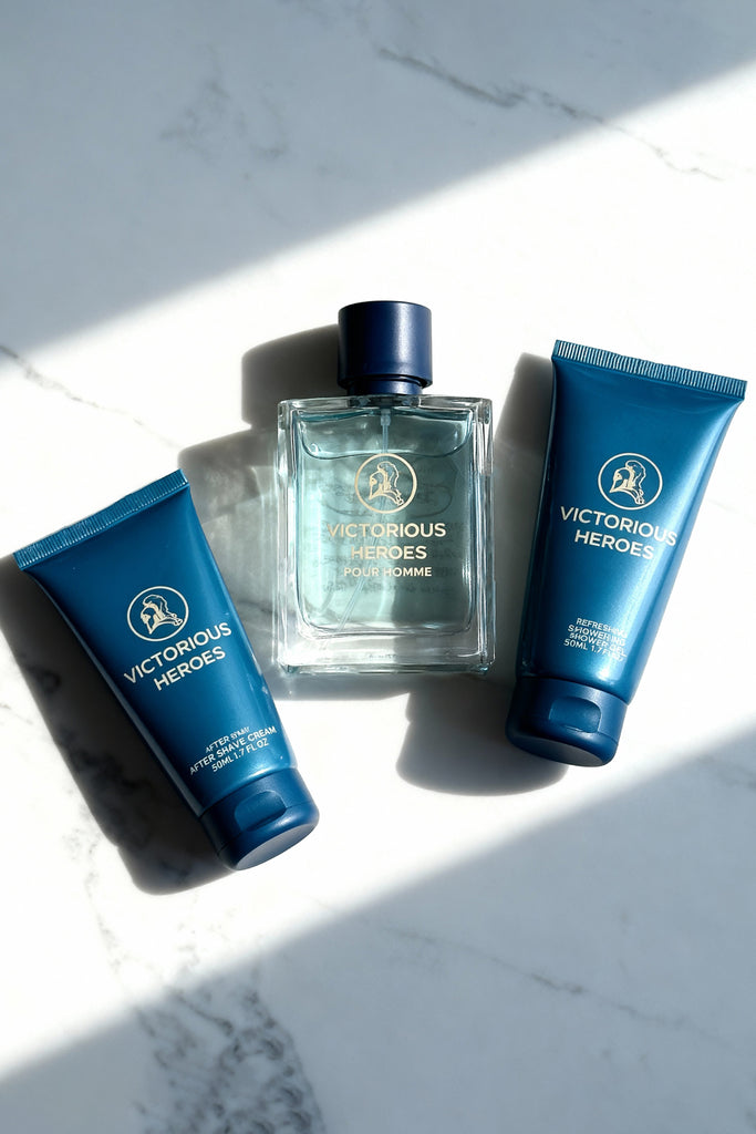 VICTORIOUS HEROES AFTER SHAVE CREAM, SPRAY PERFUME EAU DE TOILETTE, SHOWER GEL FOR MEN 50ML/1.7FL.OZ /GIFT SET