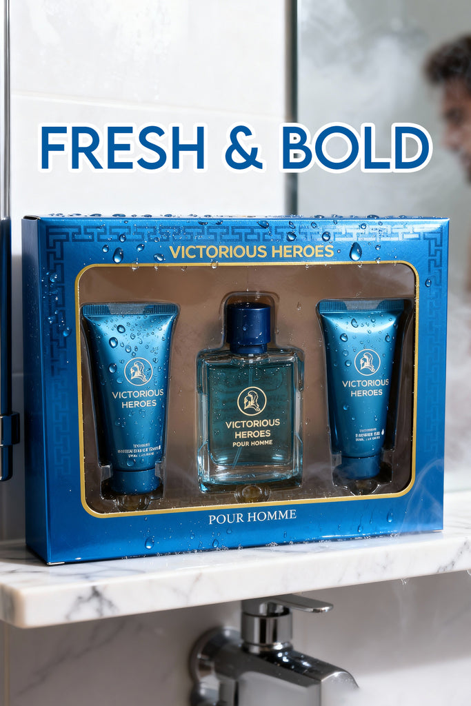 VICTORIOUS HEROES AFTER SHAVE CREAM, SPRAY PERFUME EAU DE TOILETTE, SHOWER GEL FOR MEN 50ML/1.7FL.OZ /GIFT SET
