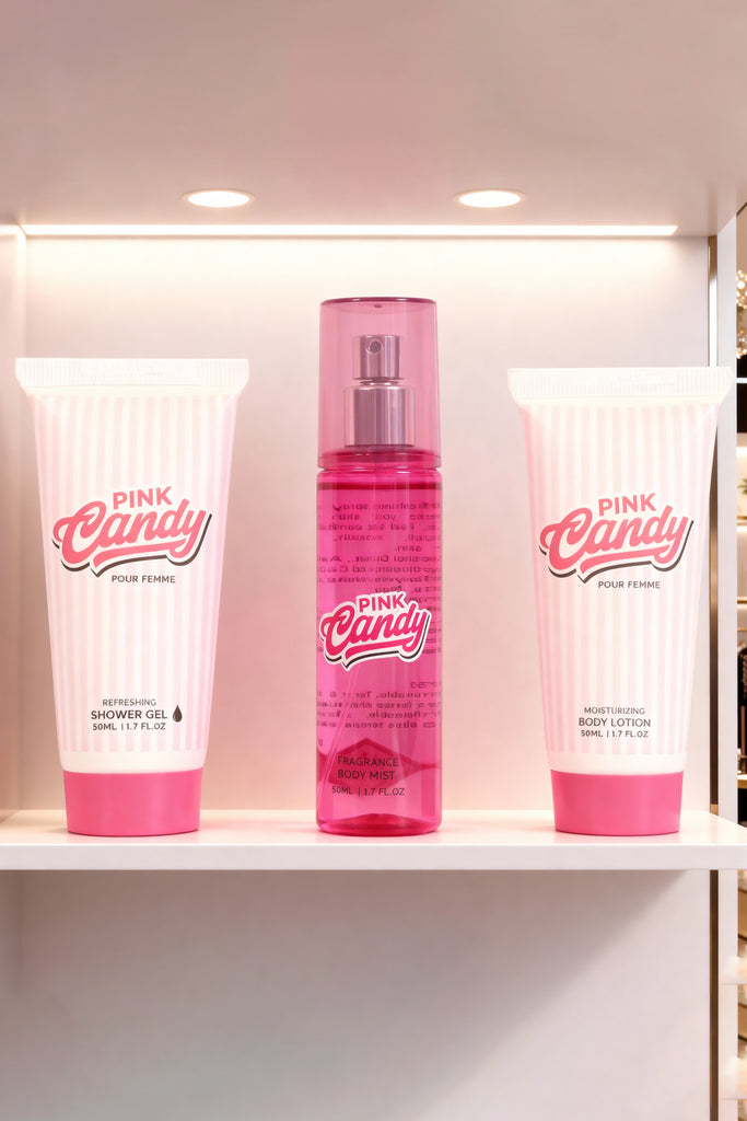 PINK CANDY REFRESHING SHOWER GEL, FRAGRANCE BODY MIST, MOISTURIZING BODY LOTION FOR WOMEN 50ML/1.7FL.OZ /GIFT SET POUCH