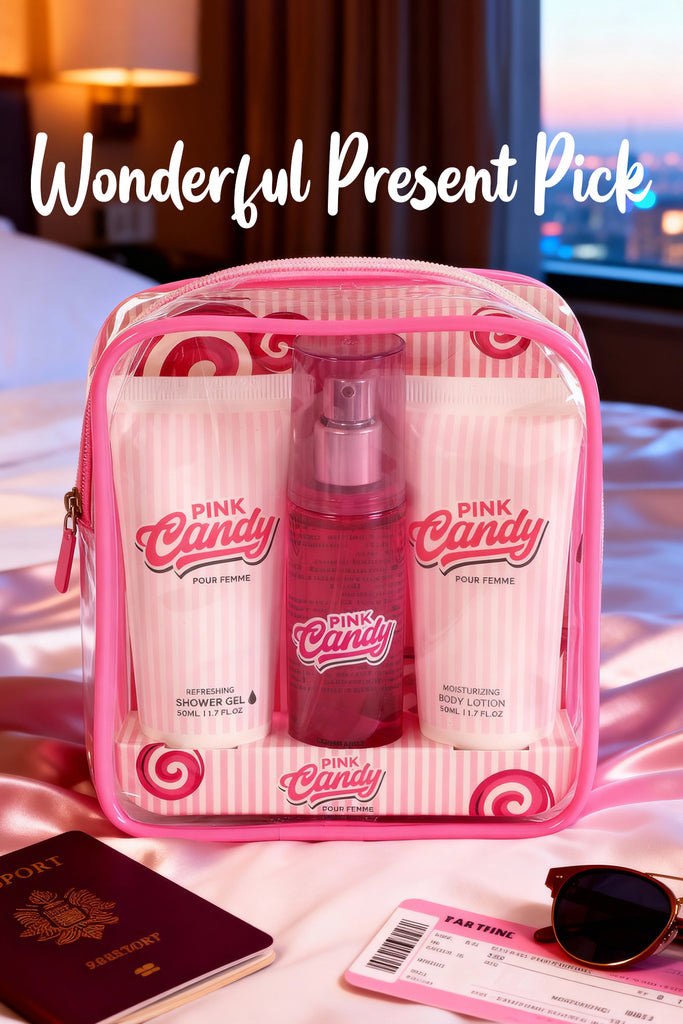 PINK CANDY REFRESHING SHOWER GEL, FRAGRANCE BODY MIST, MOISTURIZING BODY LOTION FOR WOMEN 50ML/1.7FL.OZ /GIFT SET POUCH