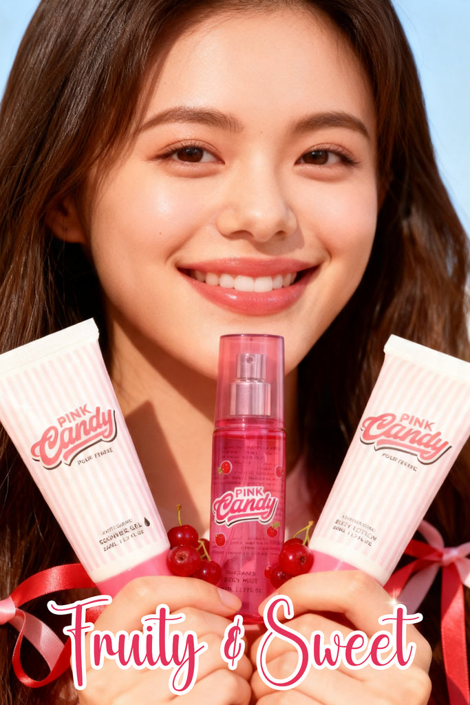 PINK CANDY REFRESHING SHOWER GEL, FRAGRANCE BODY MIST, MOISTURIZING BODY LOTION FOR WOMEN 50ML/1.7FL.OZ /GIFT SET POUCH