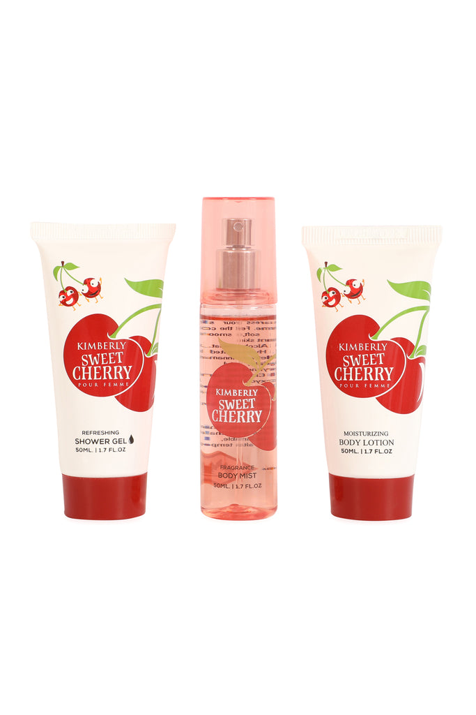 KIMBERLY SWEET CHERRY REFRESHING SHOWER GEL, FRAGRANCE BODY MIST, MOISTURIZING BODY LOTION FOR WOMEN 50ML/1.7FL.OZ /GIFT SET POUCH