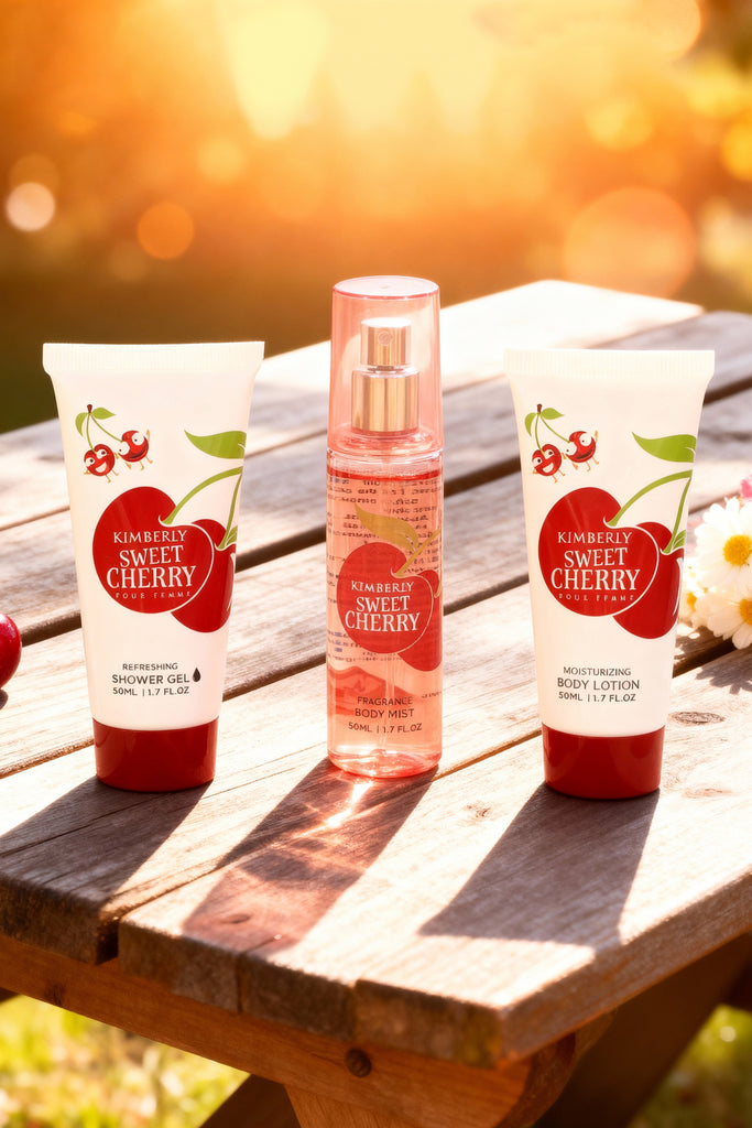 KIMBERLY SWEET CHERRY REFRESHING SHOWER GEL, FRAGRANCE BODY MIST, MOISTURIZING BODY LOTION FOR WOMEN 50ML/1.7FL.OZ /GIFT SET POUCH