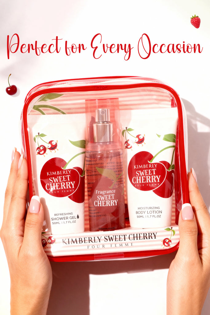 KIMBERLY SWEET CHERRY REFRESHING SHOWER GEL, FRAGRANCE BODY MIST, MOISTURIZING BODY LOTION FOR WOMEN 50ML/1.7FL.OZ /GIFT SET POUCH