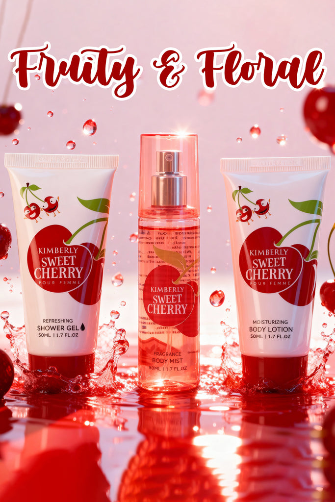 KIMBERLY SWEET CHERRY REFRESHING SHOWER GEL, FRAGRANCE BODY MIST, MOISTURIZING BODY LOTION FOR WOMEN 50ML/1.7FL.OZ /GIFT SET POUCH