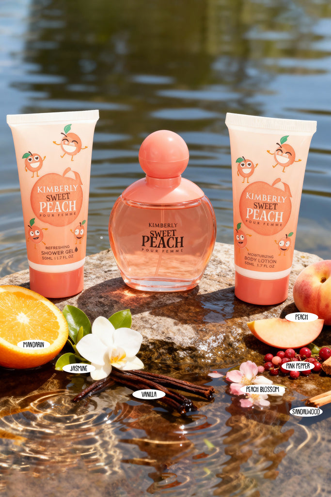 KIMBERLY SWEET PEACH SHOWER GEL, SPRAY PERFUME EAU DE PARFUM, BODY LOTION FOR WOMEN 50ML/1.7FL.OZ /GIFT SET
