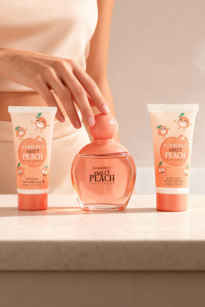 KIMBERLY SWEET PEACH SHOWER GEL, SPRAY PERFUME EAU DE PARFUM, BODY LOTION FOR WOMEN 50ML/1.7FL.OZ /GIFT SET