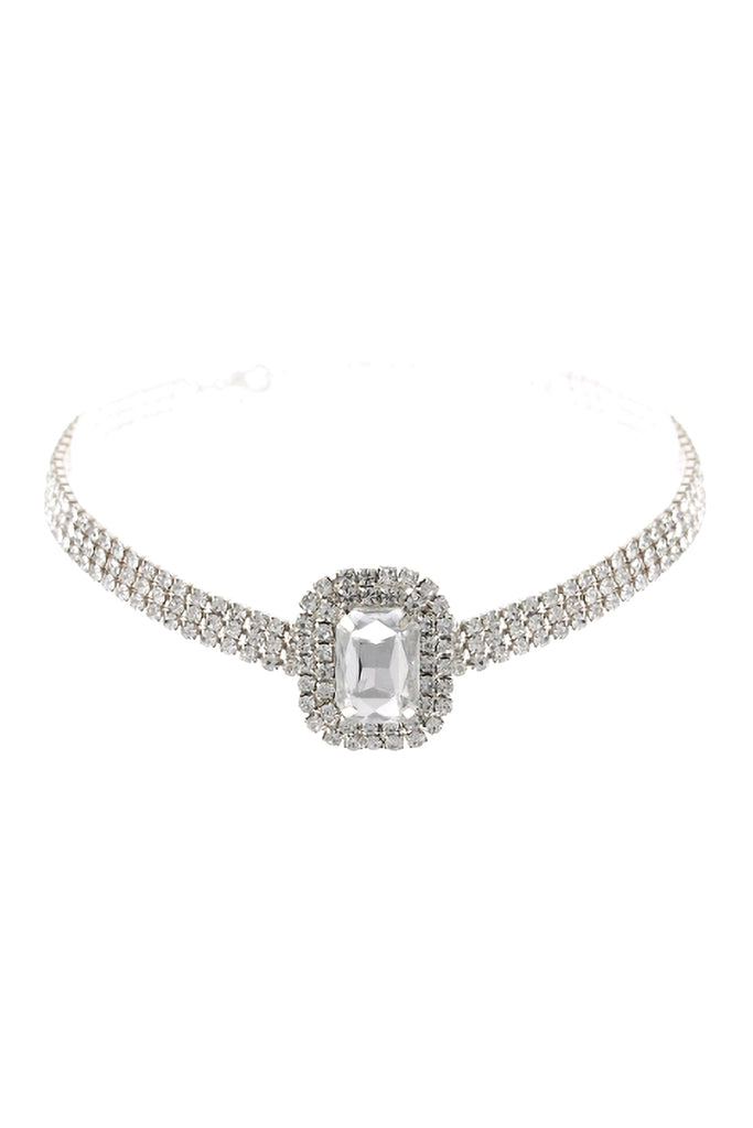 BIG RECTANGLE RHINESTONE 3 ROW CHOKER NECKLACE