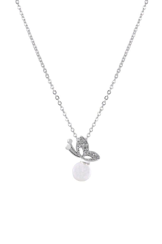 CUBIC ZIRCONIA SIDE BUTTERFLY W/ PEARL NECKLACE