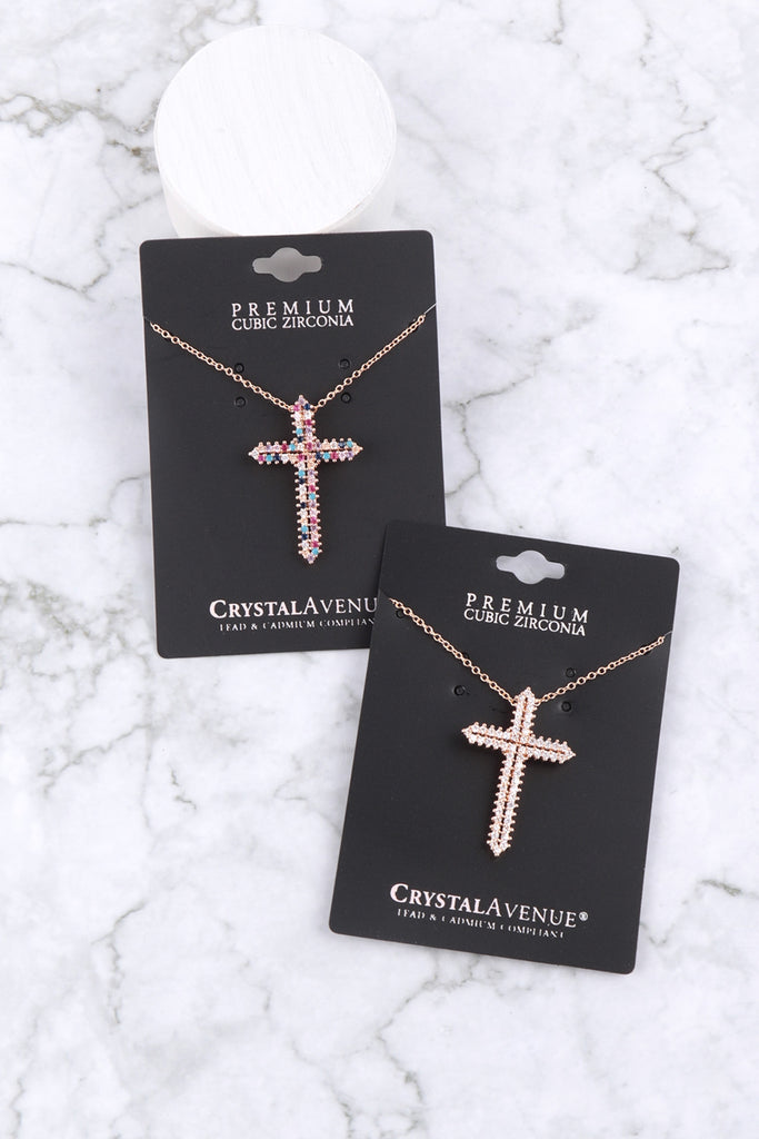 CUBIC ZIRCONIA POINTY CROSS PENDANT NECKLACE