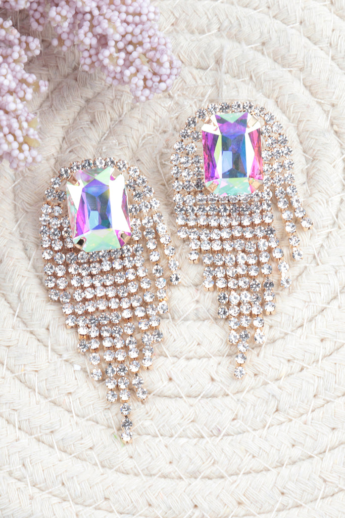 RHINESTONE SQUARE FRINGE TASSEL EARRINGS
